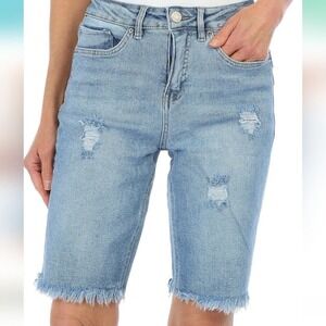 Royalty High‎ Rise Bermuda Denim Shorts Distressed Frayed Hem Vintage Stretch 4